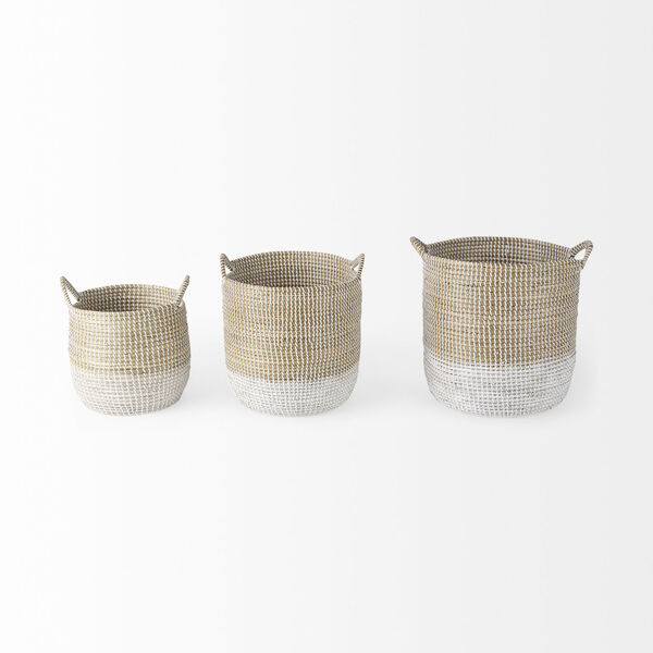 Maddie Light Brown and White Round Basket with Handle, Set of 3, image 2