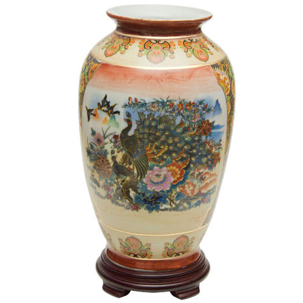 Satsuma Peacock Multicolor 14-Inch Porcelain Tung Chi Vase, image 1