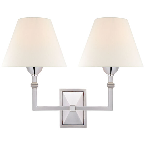 Jane Double Sconce in Polished Nickel with Linen Shade by Alexa Hampton, image 1