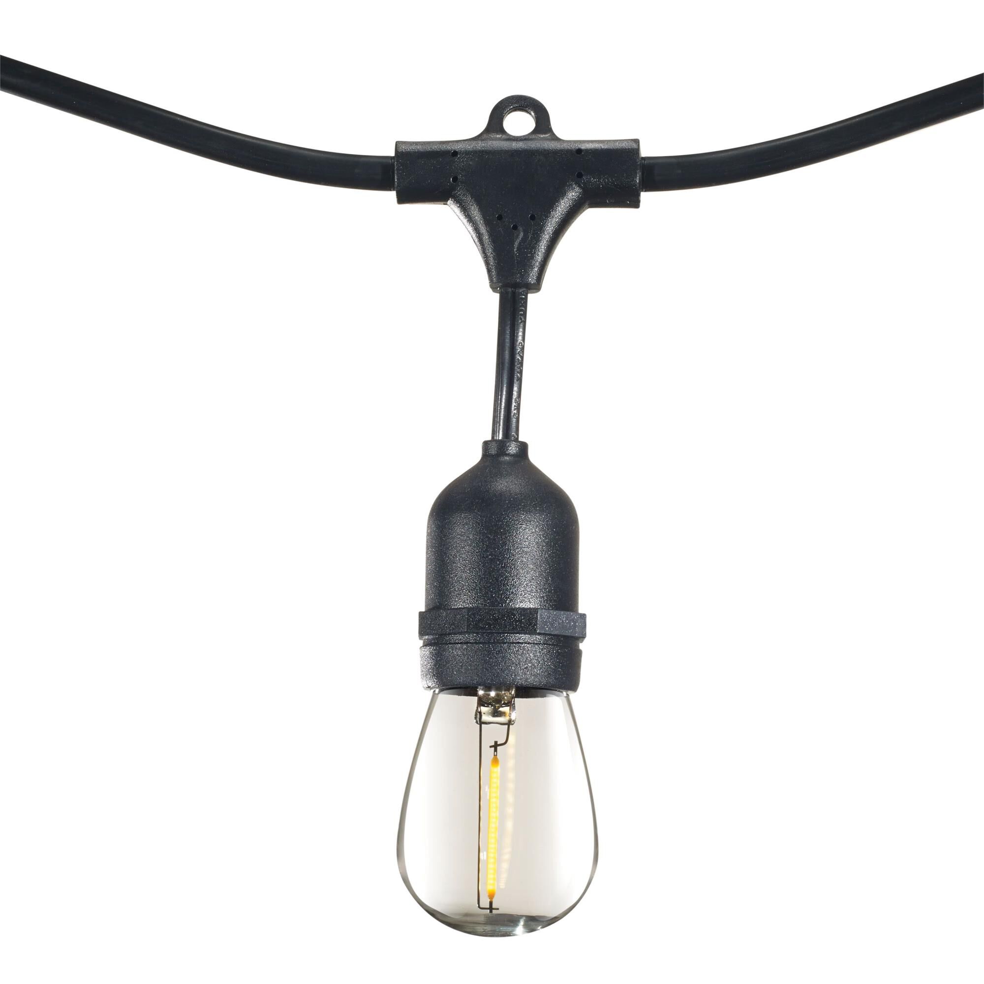 30 Foot String Light 12 Sockets 30 Inch Spacing E26 Black Kit - With 1 Watt Plastic LED S14 Clear Lamps