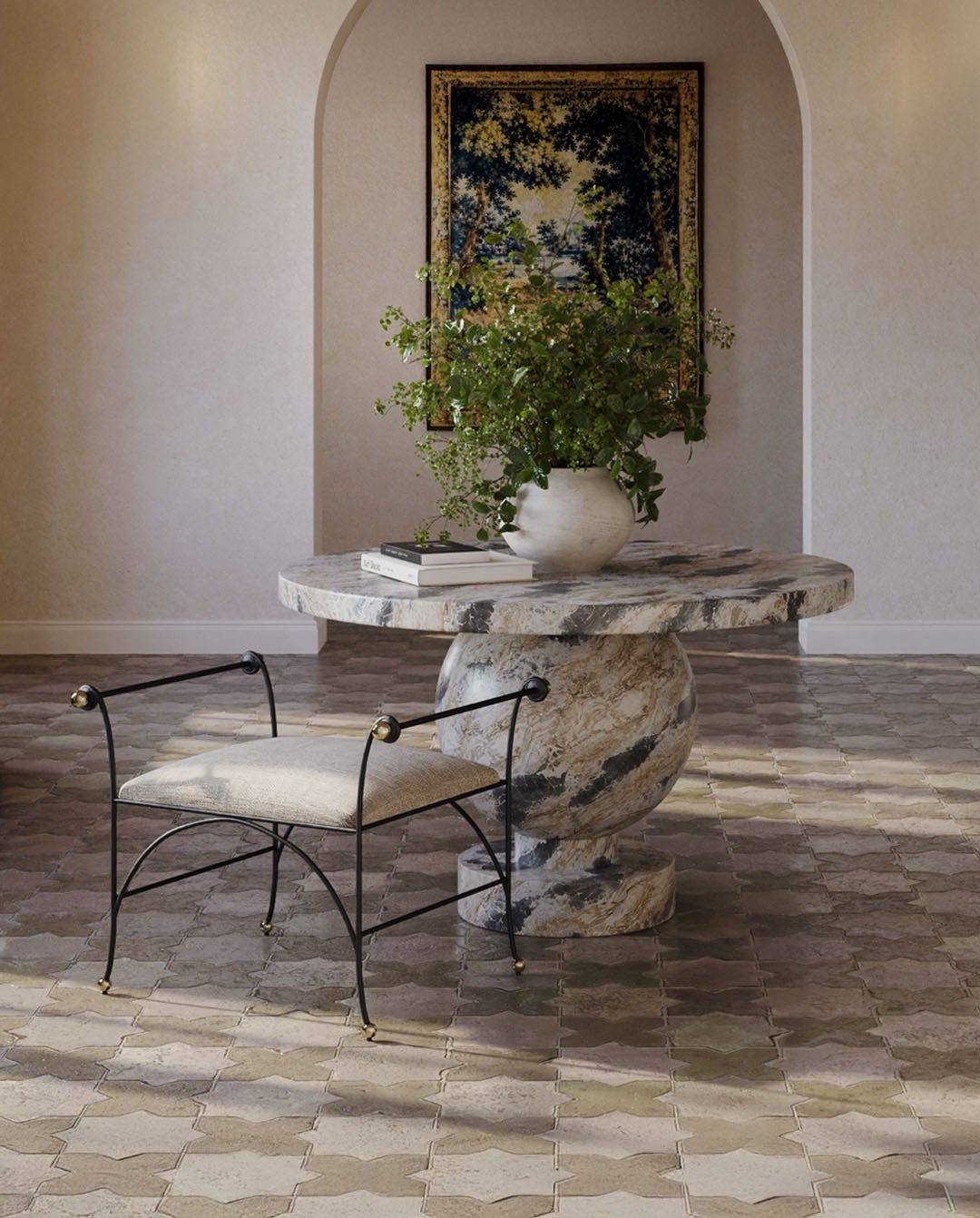 <p>Brenna Accent Table by Arteriors and Mabel Ottoman by Currey and Company</p>
