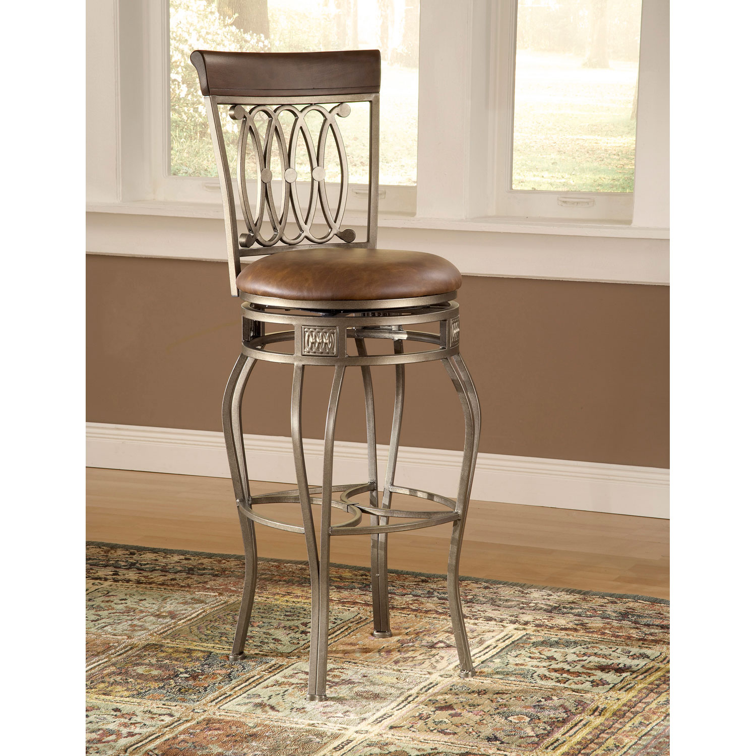 Montello Old Steel Swivel Barstool With Brown Faux Leather