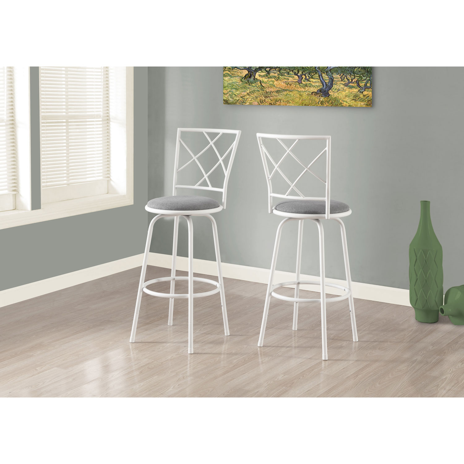 Barstool - 2 Piece / Swivel / White / Grey Fabric Seat