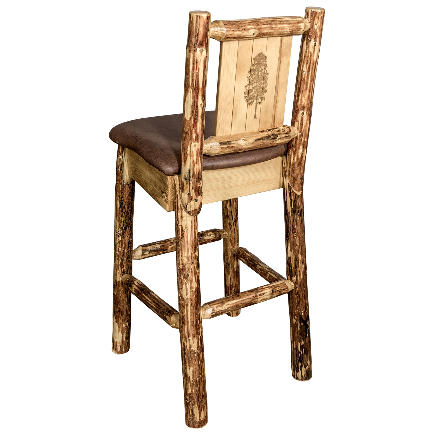 Glacier Country Barstool With Back - Saddle Upholstery, With Laser Engraved Pine Tree Design