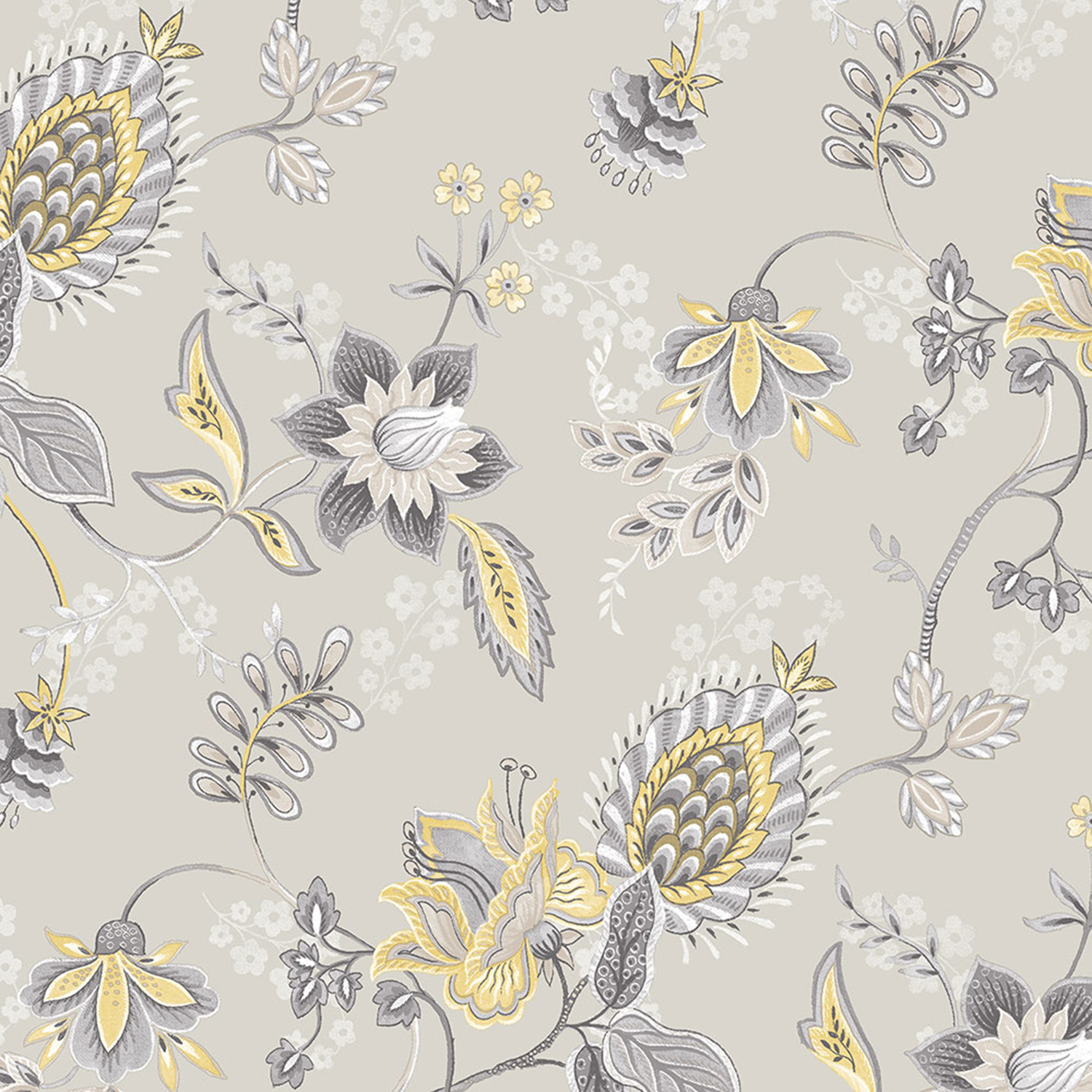 Jacobean Floral Grey And Yellow Wallpaper