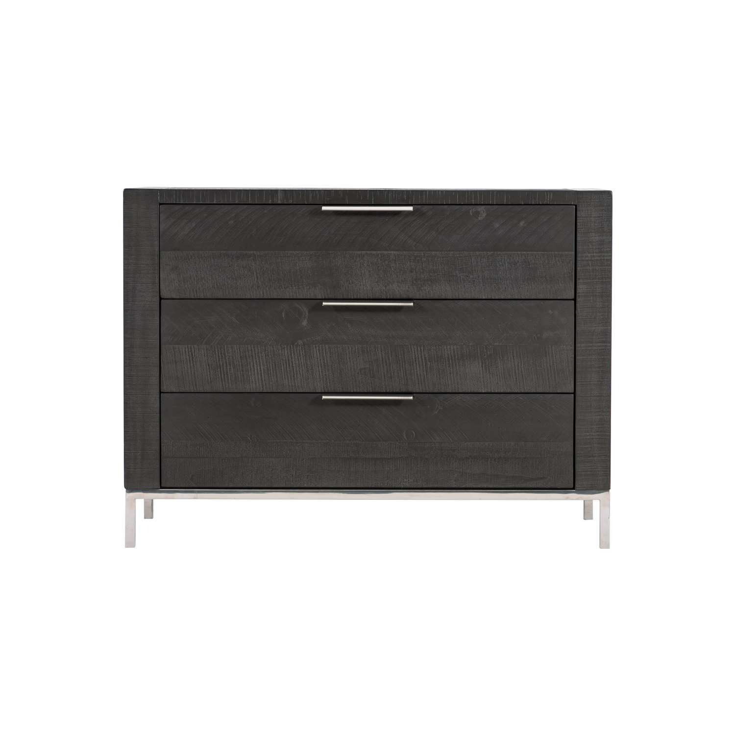 loring cinder and polished stainless steel nightstand with three drawers