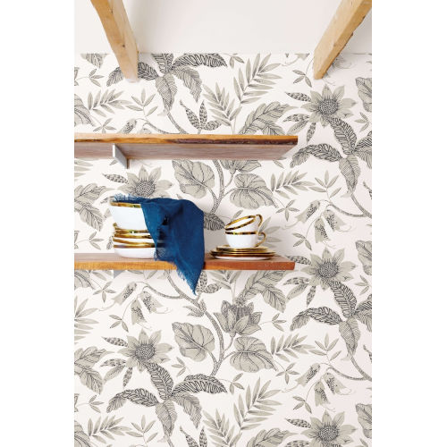 Boho Rhapsody Ivory And Stone Rainforest Leaves Unpasted Wallpaper