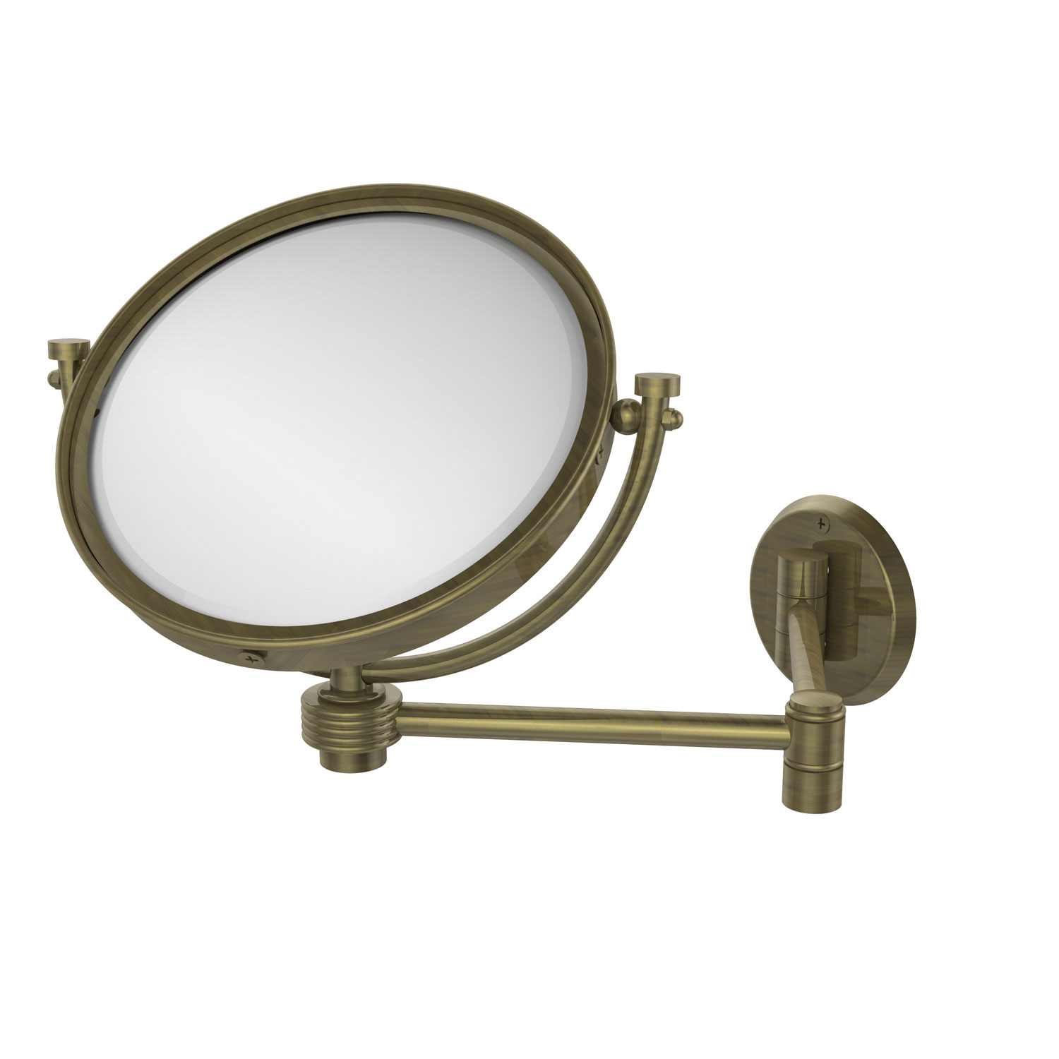 8 Inch Wall Mounted Extending Make-Up Mirror 2X Magnification With Groovy Accent, Antique Brass