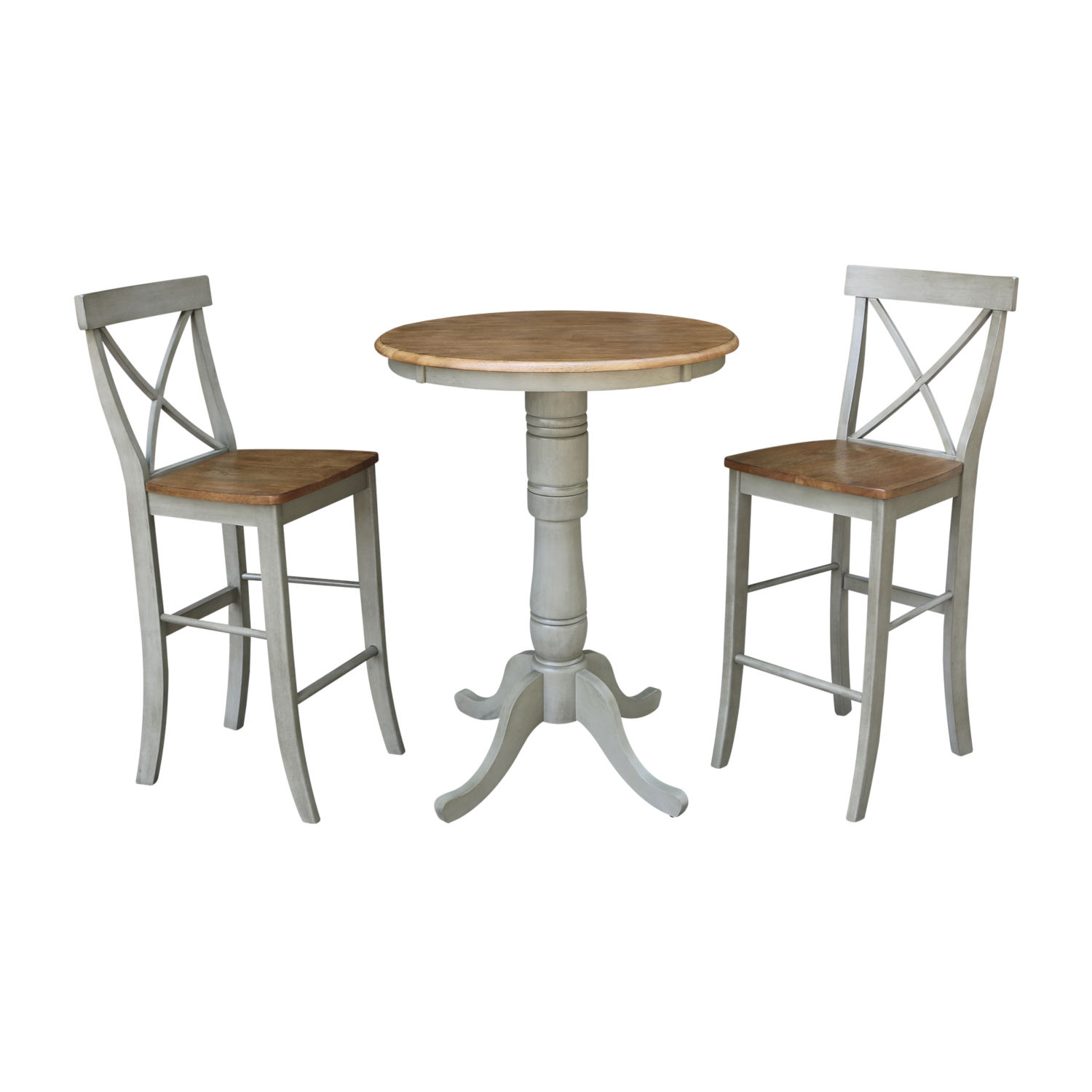 Hickory And Stone 30-Inch Hardwood Round Pedestal Bar Height Table With X-Back Bar Height Stools, Three-Piece