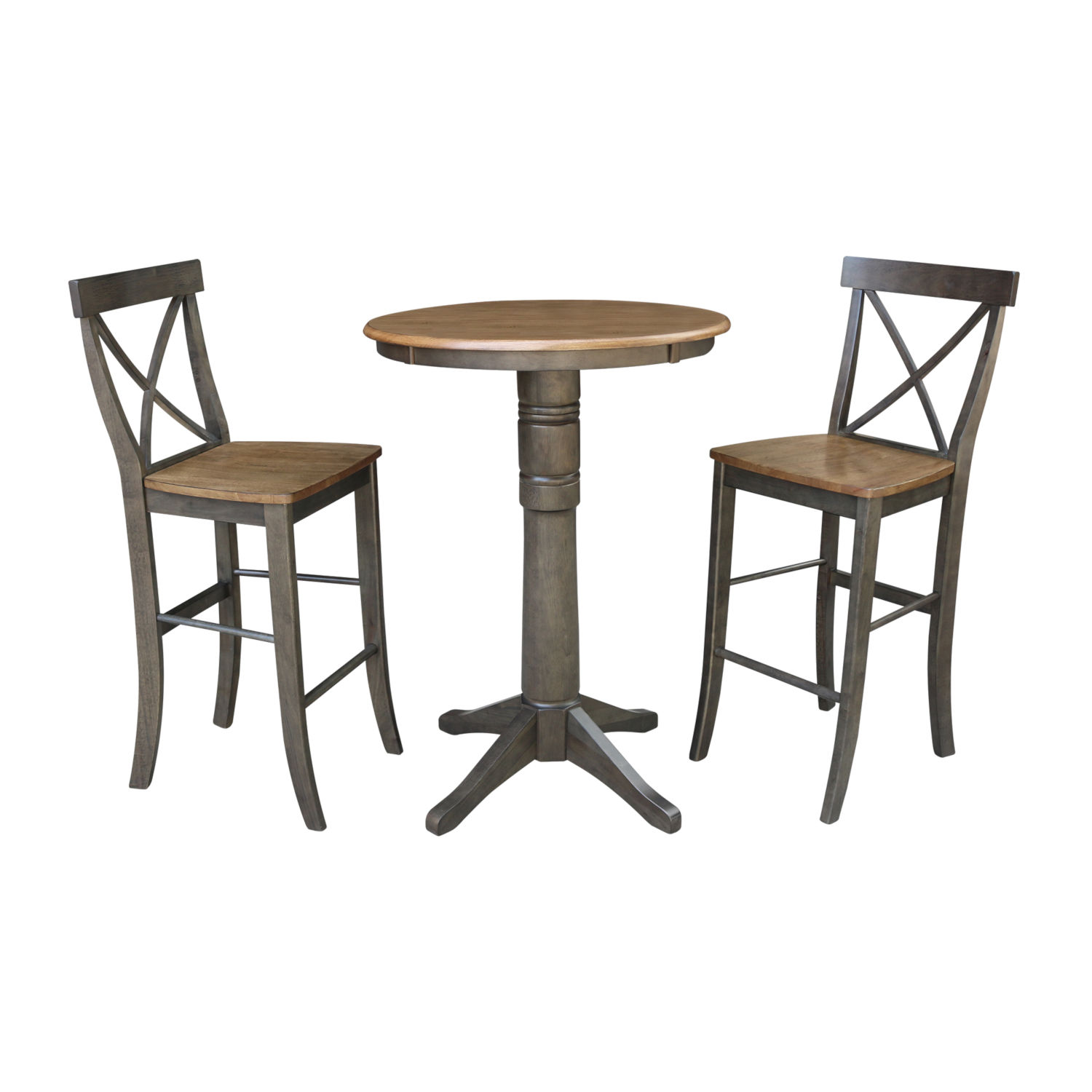 Hickory And Washed Coal 30-Inch Round Pedestal Bar Height Table With X-Back Bar Height Stools, Three-Piece